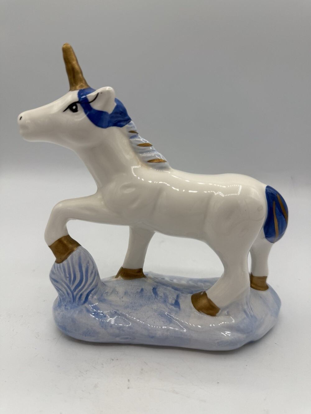 Vintage Ceramic Unicorn Figurine White Blue Gold Horn Fantasy Horse 5.5”